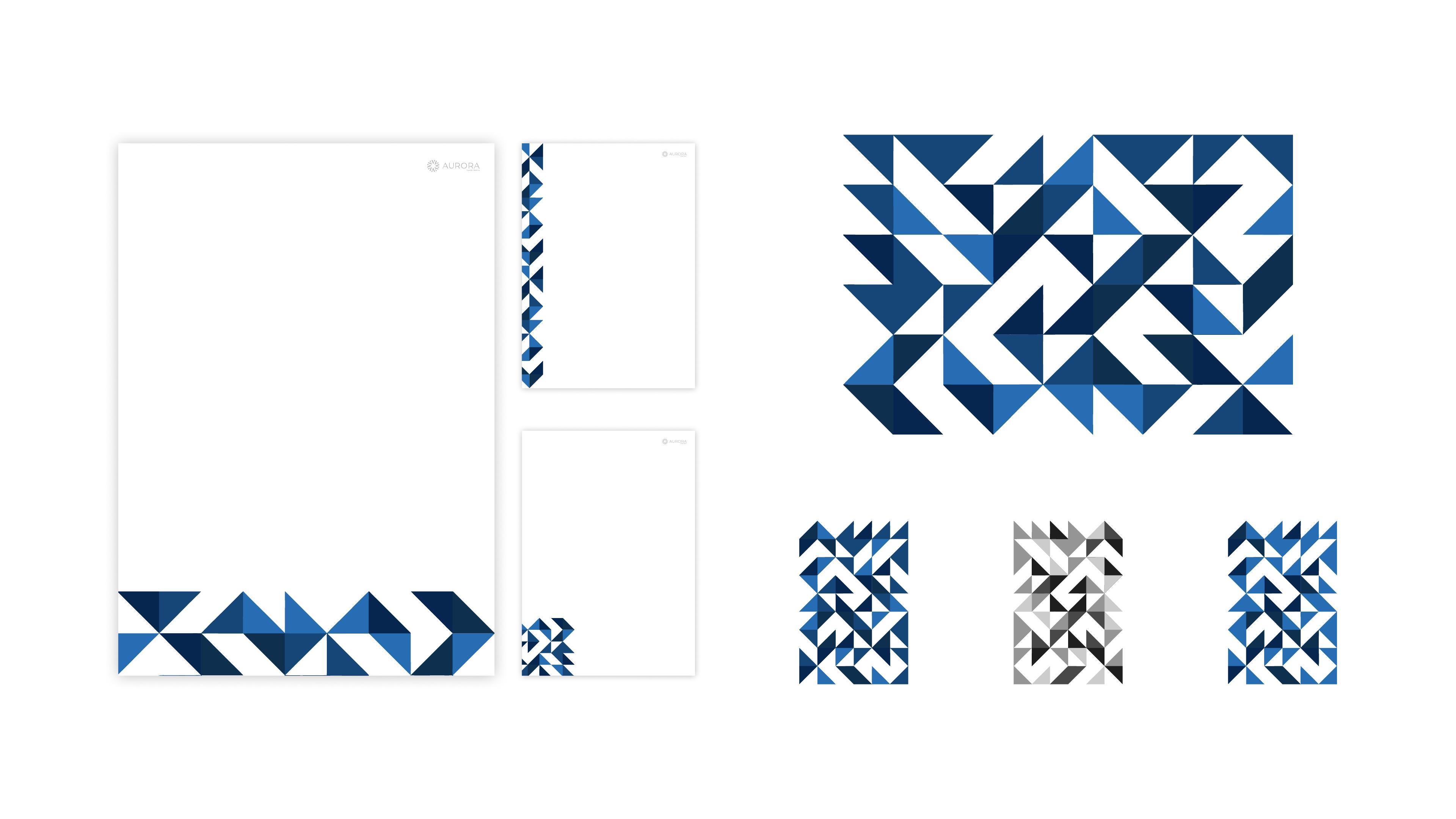Sistema de papelaria Aurorah — papel timbrado e padrão geométrico
